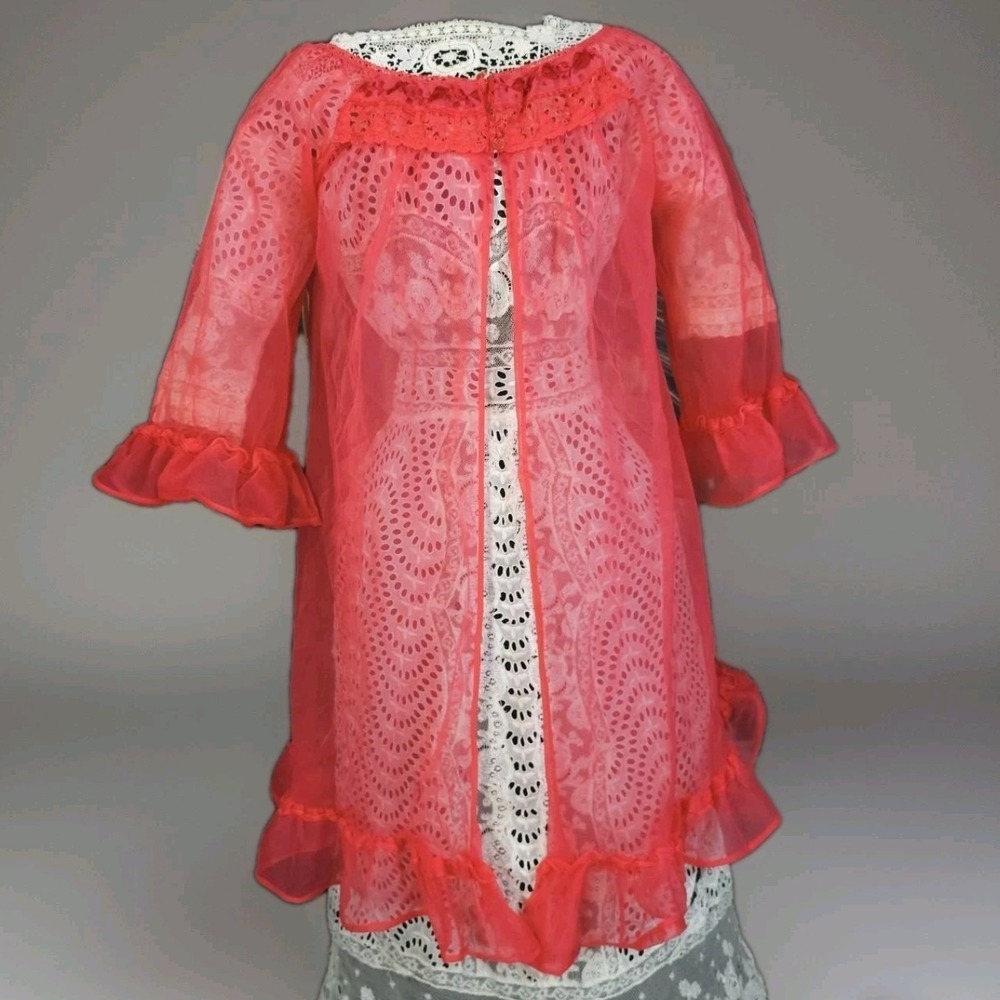 Pink Chiffon Mesh 60s Nightgown Ruffle Trim Lingerie Bed Jacket Duster Bright